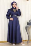 İndigo Saten Taş Detaylı Tesettür Abiye Elbise