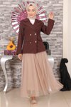 Kahverengi İkili Ceketli Tül Etekli Tesettür Takım