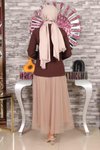 Kahverengi İkili Ceketli Tül Etekli Tesettür Takım