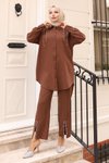 Kahverengi İkili İnci Detaylı Tesettür Takım