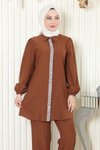 Kahverengi İkili Taş Detaylı Tesettür Takım