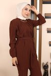 Kahverengi İkili Zincir Detaylı Tesettür Takım