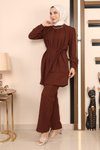 Kahverengi İkili Zincir Detaylı Tesettür Takım