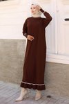 Kahverengi Triko Manşeti Taş Detaylı Tesettür Elbise