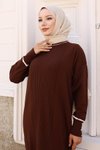 Kahverengi Triko Manşeti Taş Detaylı Tesettür Elbise