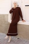 Kahverengi Triko Manşeti Taş Detaylı Tesettür Elbise
