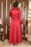 Kırmızı Saten Abiye Tüy Detaylı Tesettür Elbise