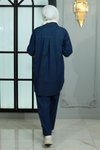 Koyu Mavi İkili Kot Yakası Taşlı Tesettür Takım