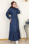 Koyu Mavi Kot Beli Bağcıklı Düğmeli Tesettür Elbise