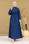 Koyu Mavi Kot Beli Lastikli Fermuarlı Tesettür Elbise