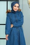 Koyu Mavi Kot Kapşonlu Tesettür Mont