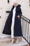 Lacivert Kapitone Kapşonlu Fermuarlı Tesettür Mont