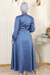 Mavi Drapeli Saten Tesettür Abiye Elbise