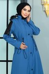 Mavi Garni Detaylı Tesettür Mont