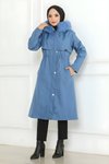 Mavi Kapşonlu Gizli Fermuarlı Tesettür Mont