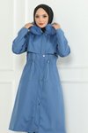 Mavi Kapşonlu Gizli Fermuarlı Tesettür Mont