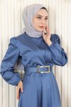 Mavi Saten Kemerli Tesettür Abiye Elbise