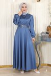 Mavi Saten Kemerli Tesettür Abiye Elbise