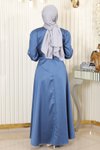 Mavi Saten Taş Detaylı Tesettür Abiye Elbise
