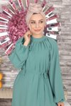 Mint Dantel Detaylı Şifon Tesettür Abiye Elbise