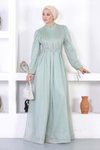 Mint İncili Simli Dantelli Tesettür Abiye Elbise