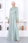 Mint İncili Simli Dantelli Tesettür Abiye Elbise