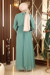 Mint Şifon Lastikli Manşetli Tesettür Abiye Elbise