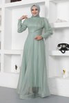Mint Simli Manşeti Fermuar Detaylı Tesettür Abiye Elbise