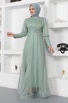 Mint Simli Manşeti Fermuar Detaylı Tesettür Abiye Elbise