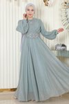 Mint Simli Şifon Drapeli İnci Detaylı Tesettür Abiye Elbise