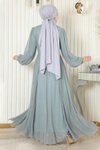 Mint Simli Şifon Drapeli İnci Detaylı Tesettür Abiye Elbise
