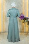 Mint Taş Detaylı Göğsü Drapeli Simli Şifon Tesettür Abiye Elbise