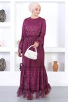 Mürdüm Dantelli İncili Volan Kol Tesettür Abiye Elbise
