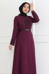 Mürdüm Kemer Detaylı Tesettür Elbise