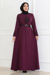 Mürdüm Kemer Detaylı Tesettür Elbise