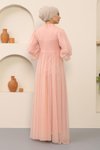 Pudra Tül İnci Detaylı Tesettür Abiye Elbise