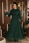 Simli Şifon Zümrüt Taş Detaylı Tesettür Abiye Elbise