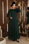 Simli Şifon Zümrüt Taş Detaylı Tesettür Abiye Elbise