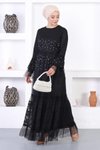 Siyah Dantelli İncili Volan Kol Tesettür Abiye Elbise