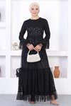 Siyah Dantelli İncili Volan Kol Tesettür Abiye Elbise