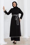 Siyah İkili Çoban Dikişli Kemerli Tesettür Takım