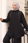 Siyah İkili İnci Detaylı Tesettür Takım