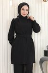 Siyah İkili Kemerli Taş Detaylı Tesettür Takım