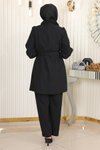 Siyah İkili Kemerli Taş Detaylı Tesettür Takım
