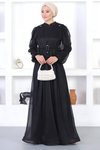 Siyah İncili Dantelli Simli Tesettür Abiye Elbise