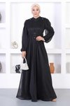 Siyah İncili Dantelli Simli Tesettür Abiye Elbise
