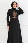 Siyah Kemer Detaylı Tesettür Abiye Elbise