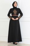 Siyah Kemer Detaylı Tesettür Abiye Elbise