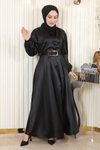 Siyah Kemerli Saten Tesettür Abiye Elbise