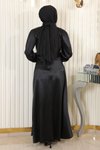 Siyah Kemerli Saten Tesettür Abiye Elbise